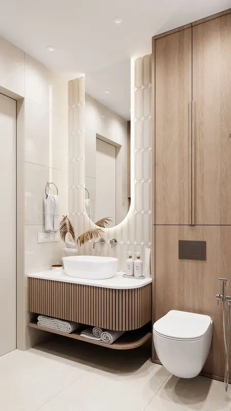Çıtalı ahşap lavabo dolabı, LED aydınlatmalı ayna ve boy dolabı